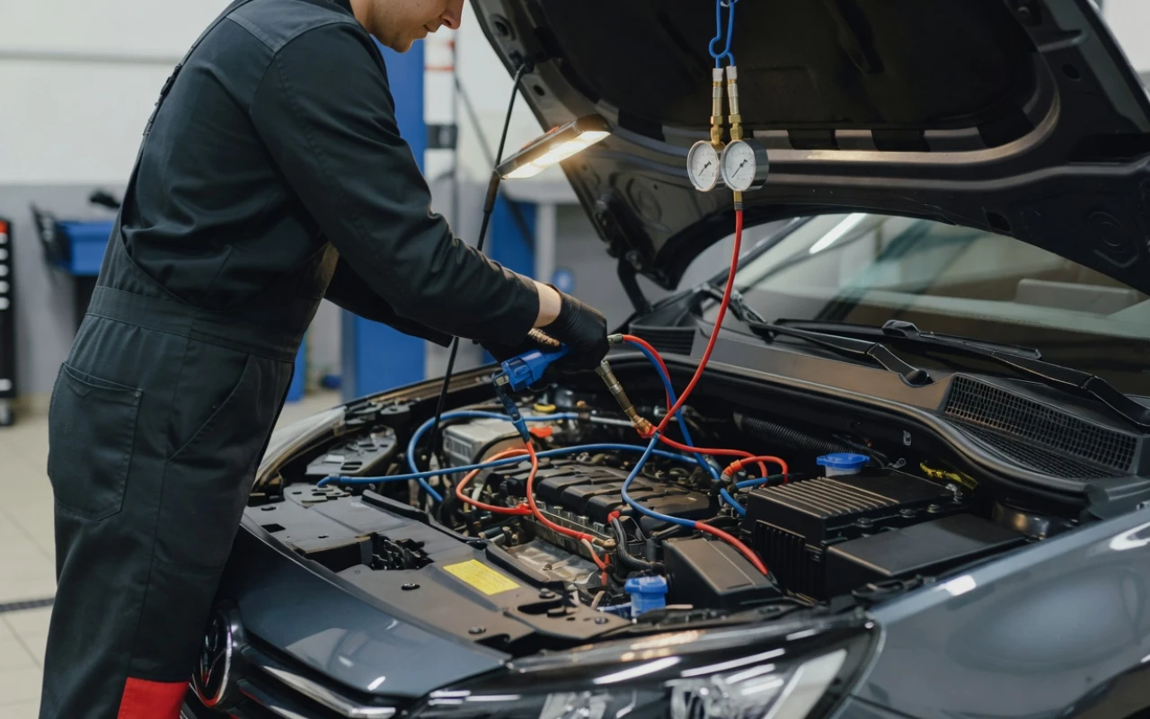 mechanik przeprowadza naprawę auta